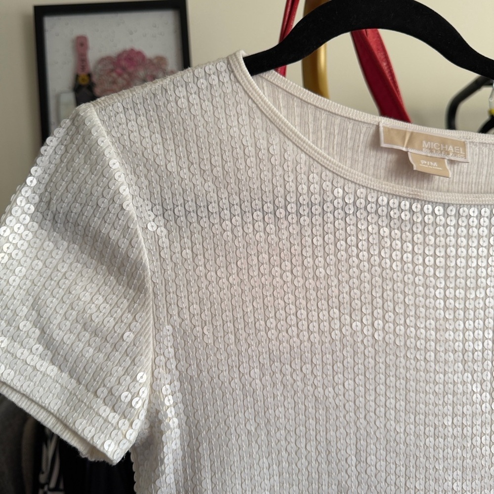 MICHAEL Michael Kors Cream white sequin Short Sleeve mini dress size PM - Picture 4 of 6